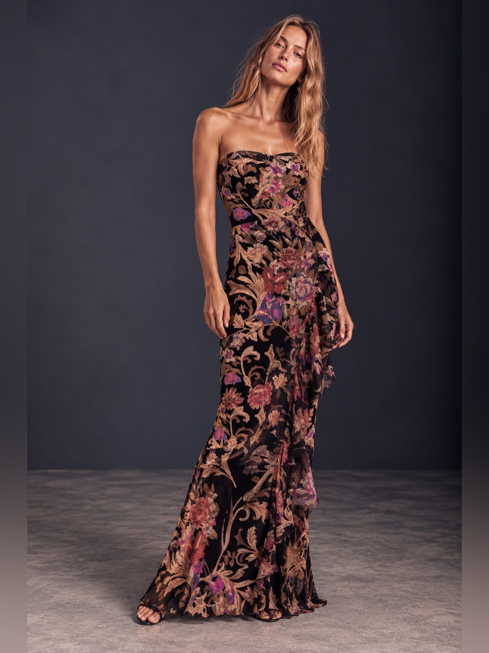 Dress the Population Paris Floral Velvet Burnout Strapless Ruffle Gown XL NWT